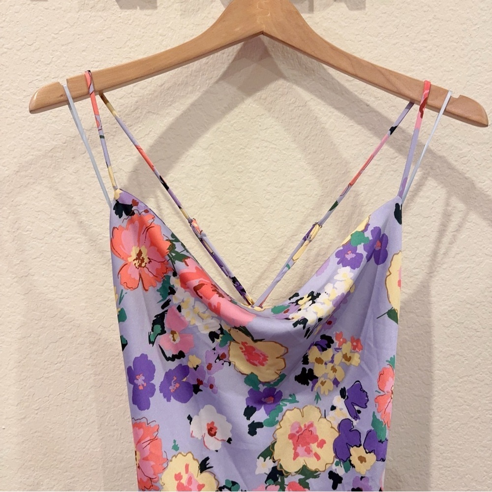 ASTR Gaia Draped Collar Satin Midi Dress in Periwinkle Floral Size Small NWT - Picture 5 of 13